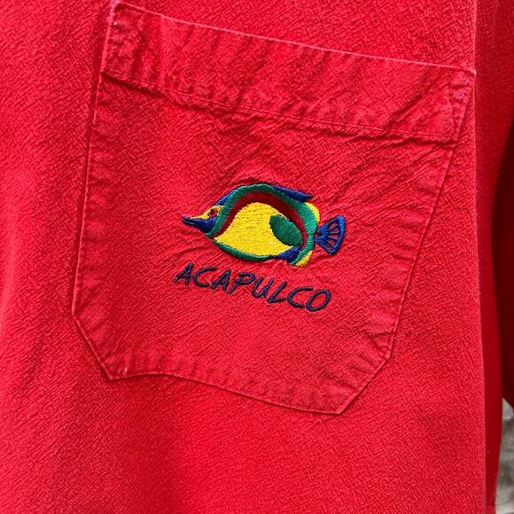 Vintage 90s Acapulco Mexico colorful fish Red Button Up Shirt Mens Size Large - Picture 5 of 6